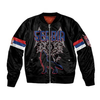 Serbia Sleeve Zip Bomber Jacket with Wolf Head Graphic, Howling Wolf, and National Flag Stripes