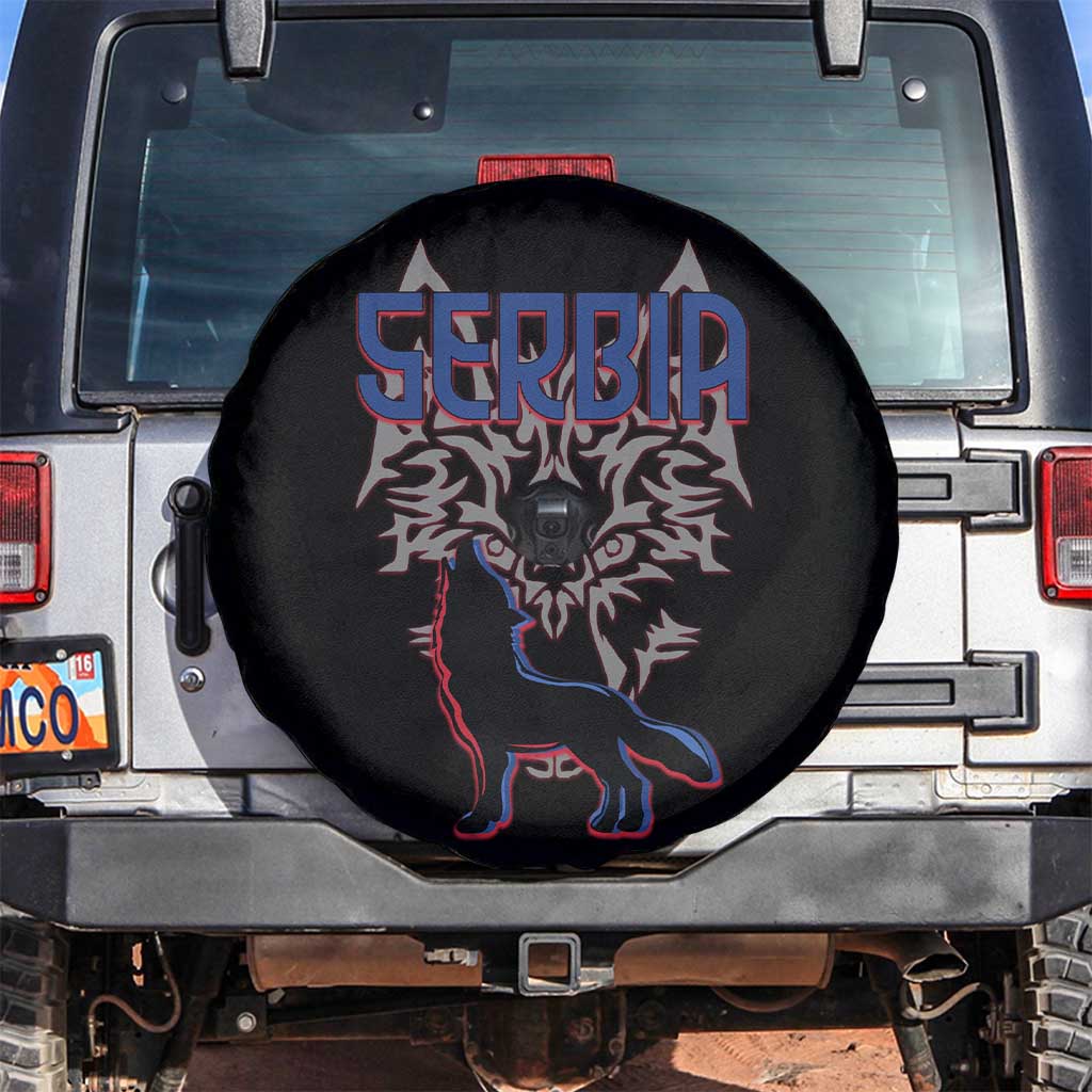 Serbia Spare Tire Cover with Wolf Head Graphic, Howling Wolf, and National Flag Stripes