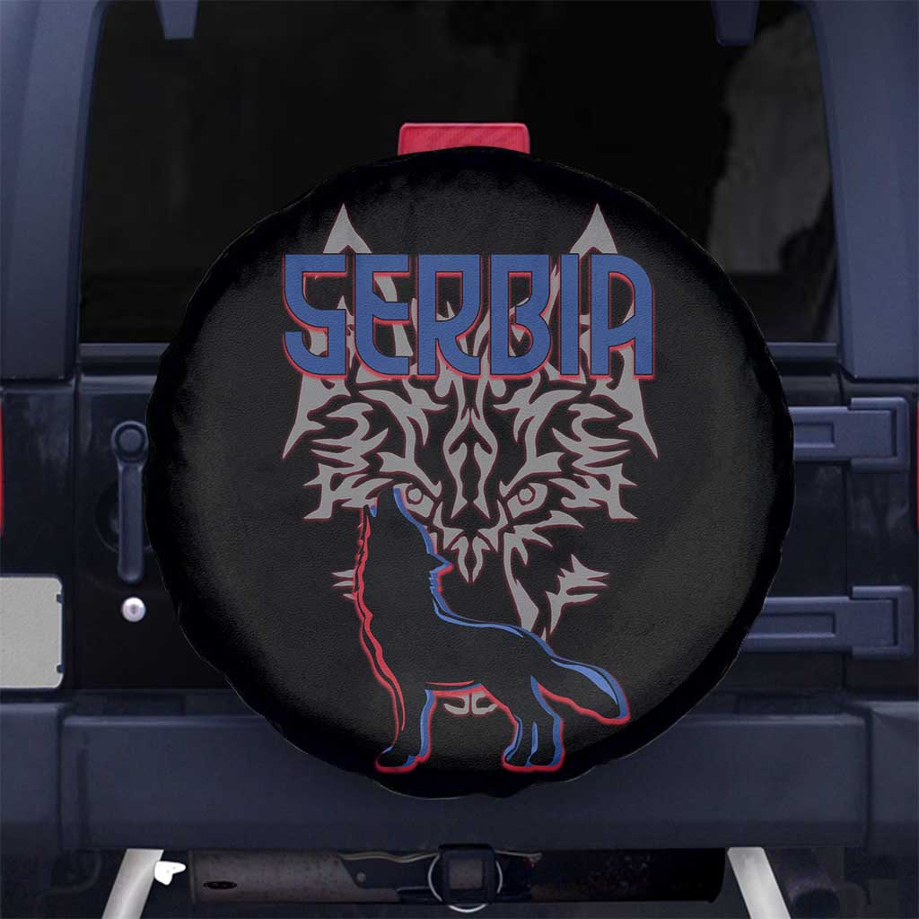 Serbia Spare Tire Cover with Wolf Head Graphic, Howling Wolf, and National Flag Stripes