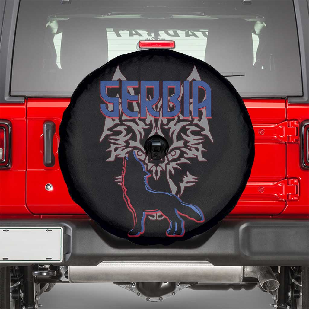 Serbia Spare Tire Cover with Wolf Head Graphic, Howling Wolf, and National Flag Stripes