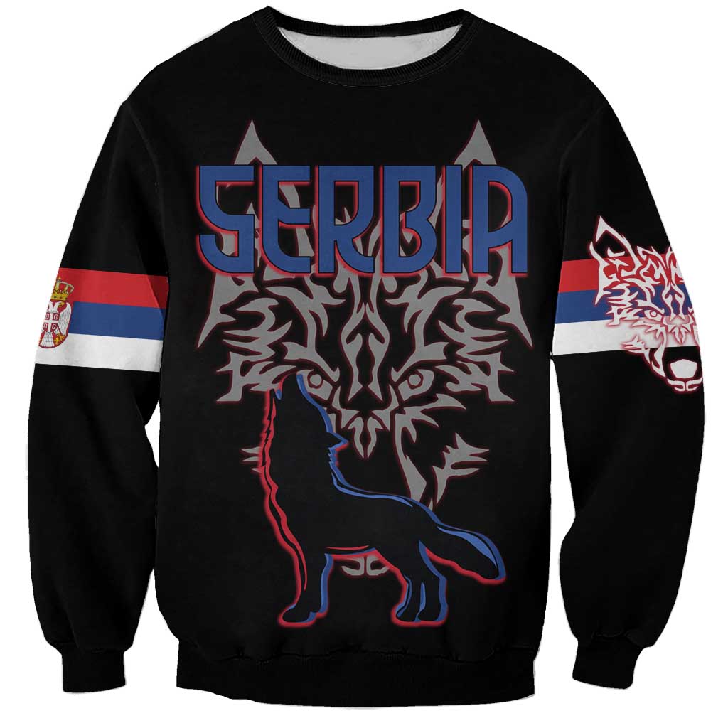 Serbia Sweatshirt with Wolf Head Graphic, Howling Wolf, and National Flag Stripes