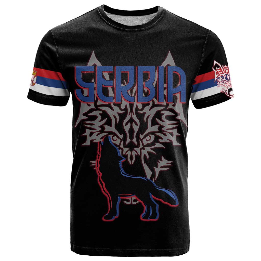 Serbia T Shirt with Wolf Head Graphic, Howling Wolf, and National Flag Stripes