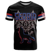 Serbia T Shirt with Wolf Head Graphic, Howling Wolf, and National Flag Stripes