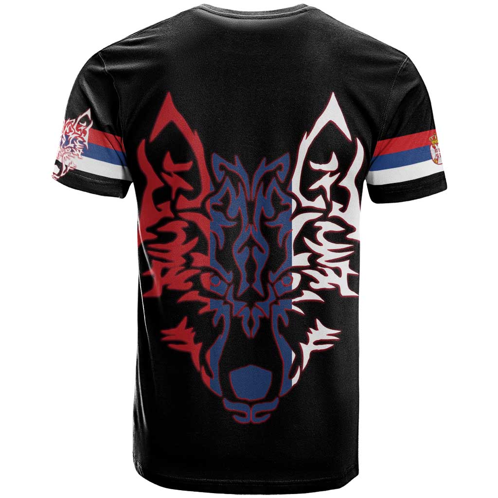 Serbia T Shirt with Wolf Head Graphic, Howling Wolf, and National Flag Stripes