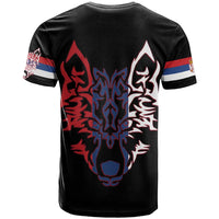 Serbia T Shirt with Wolf Head Graphic, Howling Wolf, and National Flag Stripes
