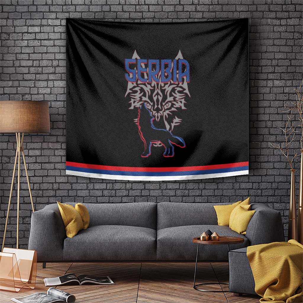 Serbia Tapestry with Wolf Head Graphic, Howling Wolf, and National Flag Stripes