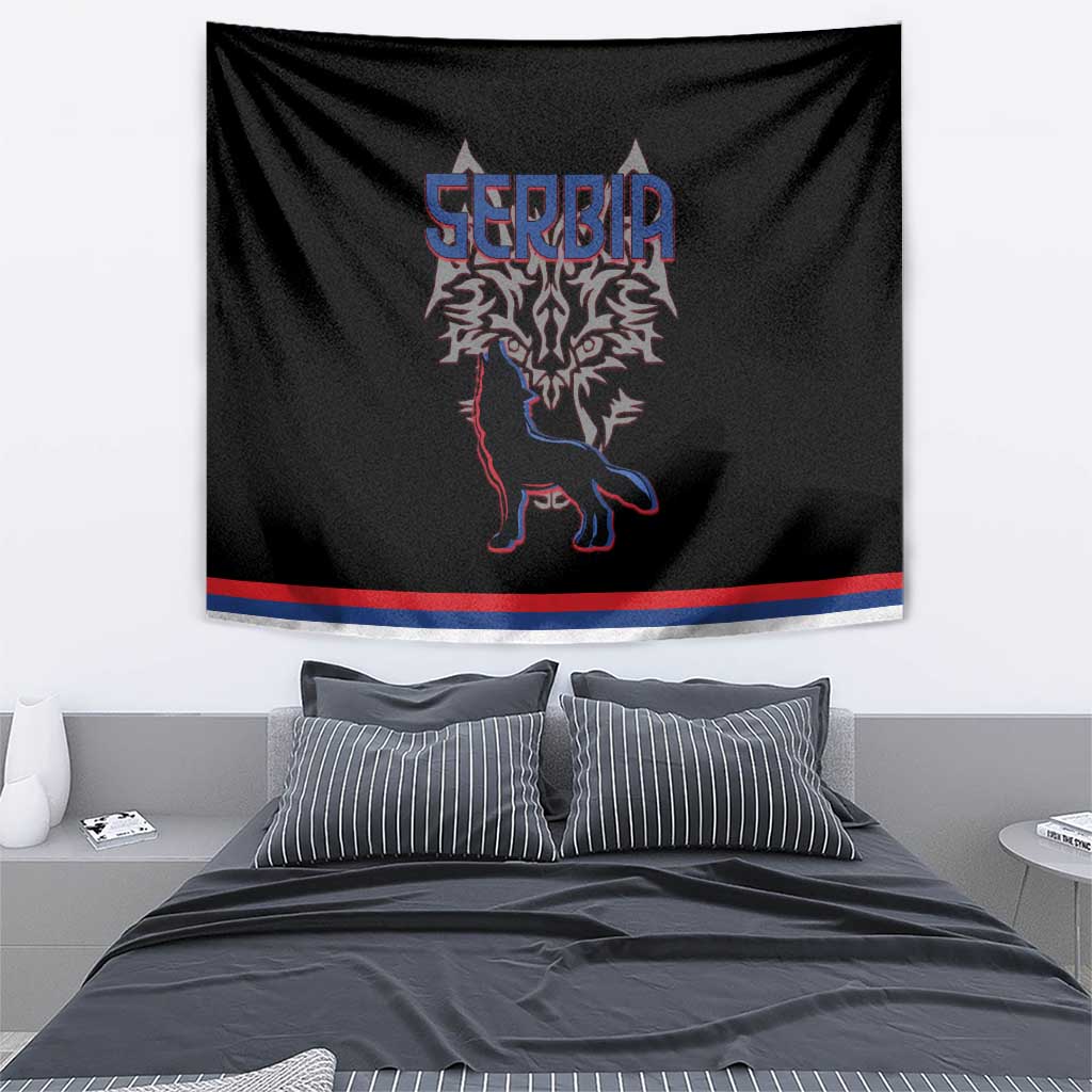 Serbia Tapestry with Wolf Head Graphic, Howling Wolf, and National Flag Stripes