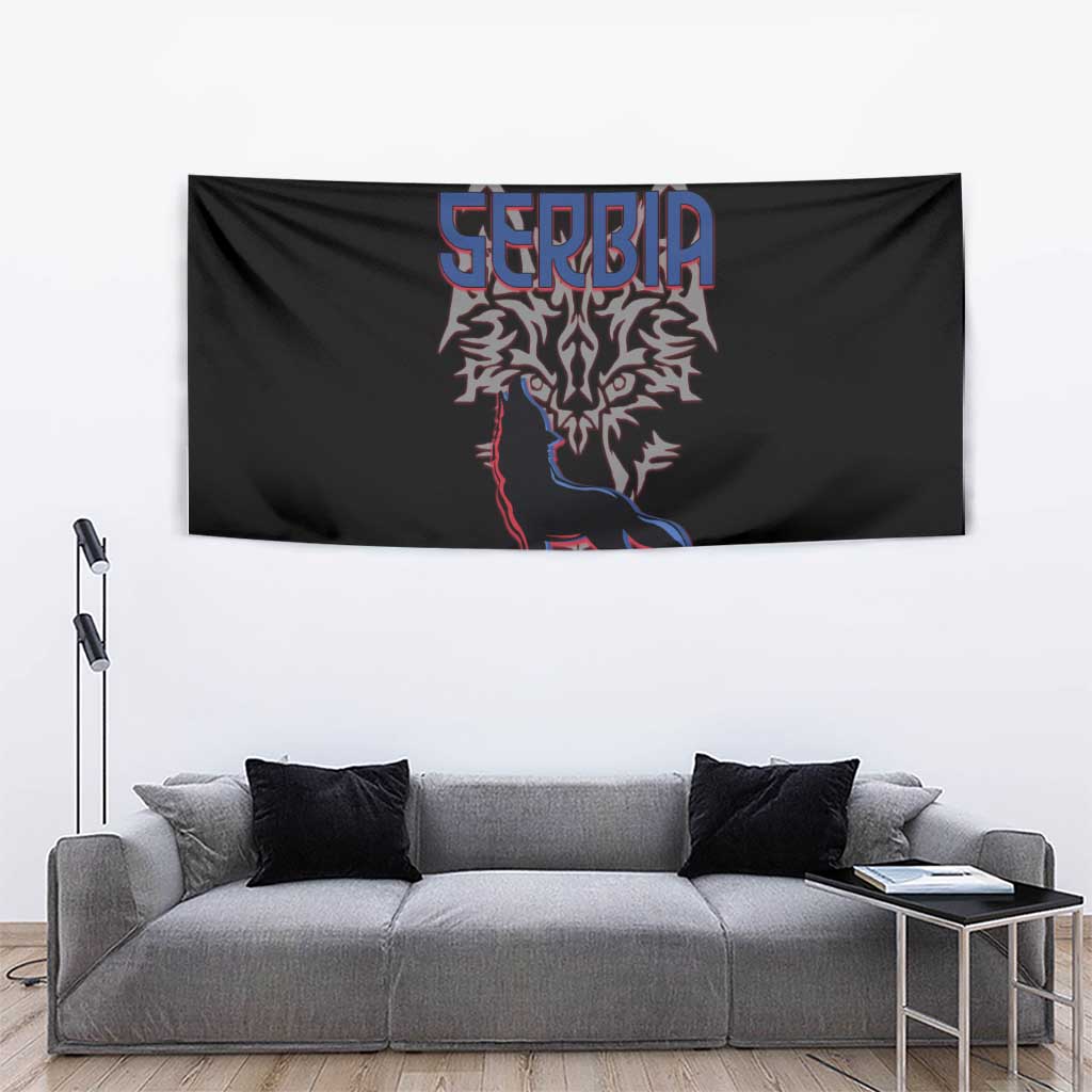 Serbia Tapestry with Wolf Head Graphic, Howling Wolf, and National Flag Stripes