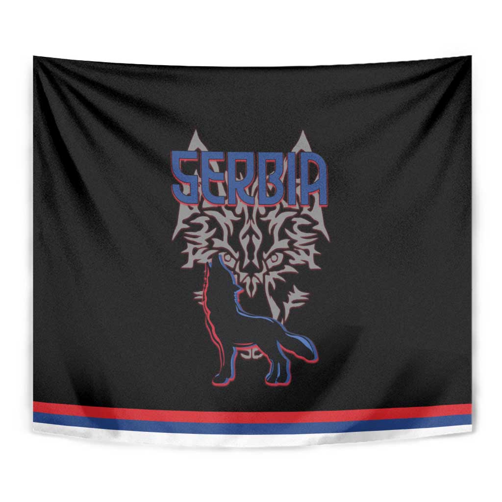 Serbia Tapestry with Wolf Head Graphic, Howling Wolf, and National Flag Stripes