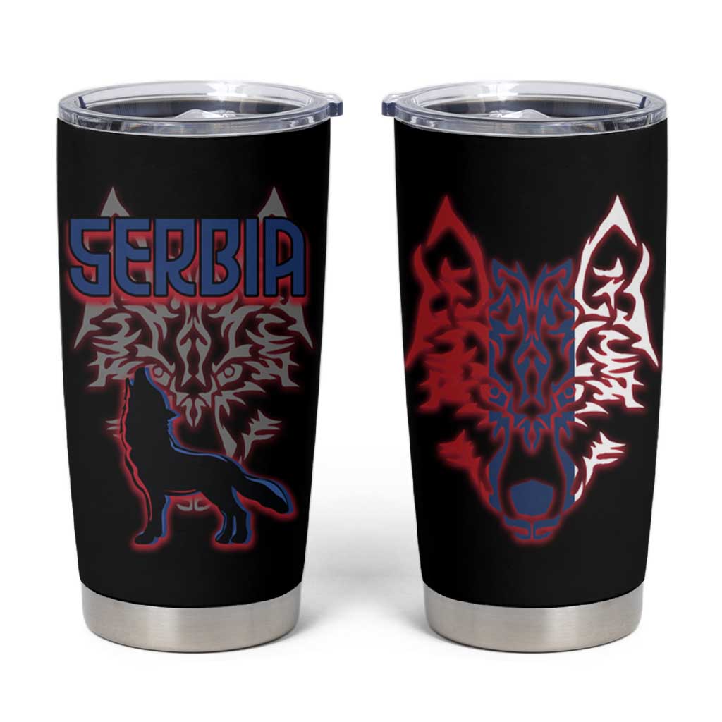 Serbia Tumbler Cup with Wolf Head Graphic, Howling Wolf, and National Flag Stripes