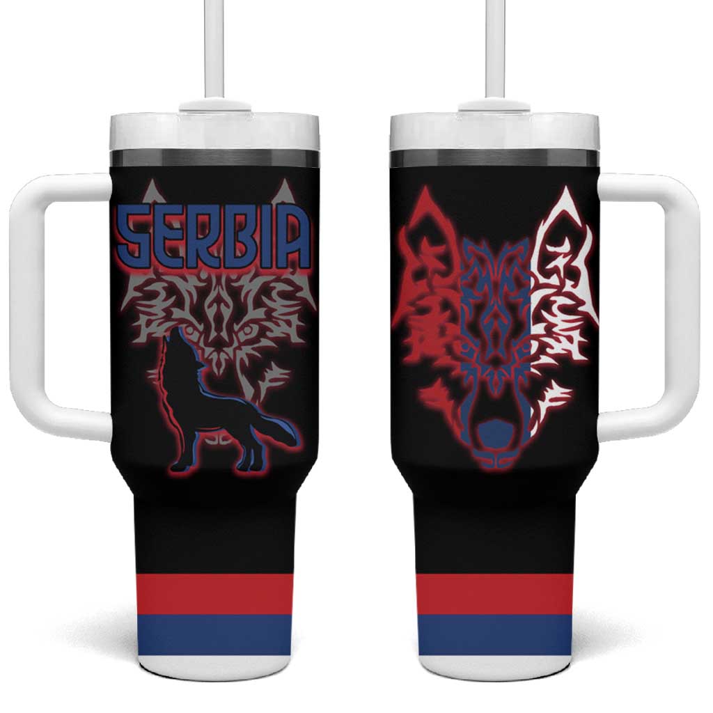 Serbia Tumbler With Handle with Wolf Head Graphic, Howling Wolf, and National Flag Stripes