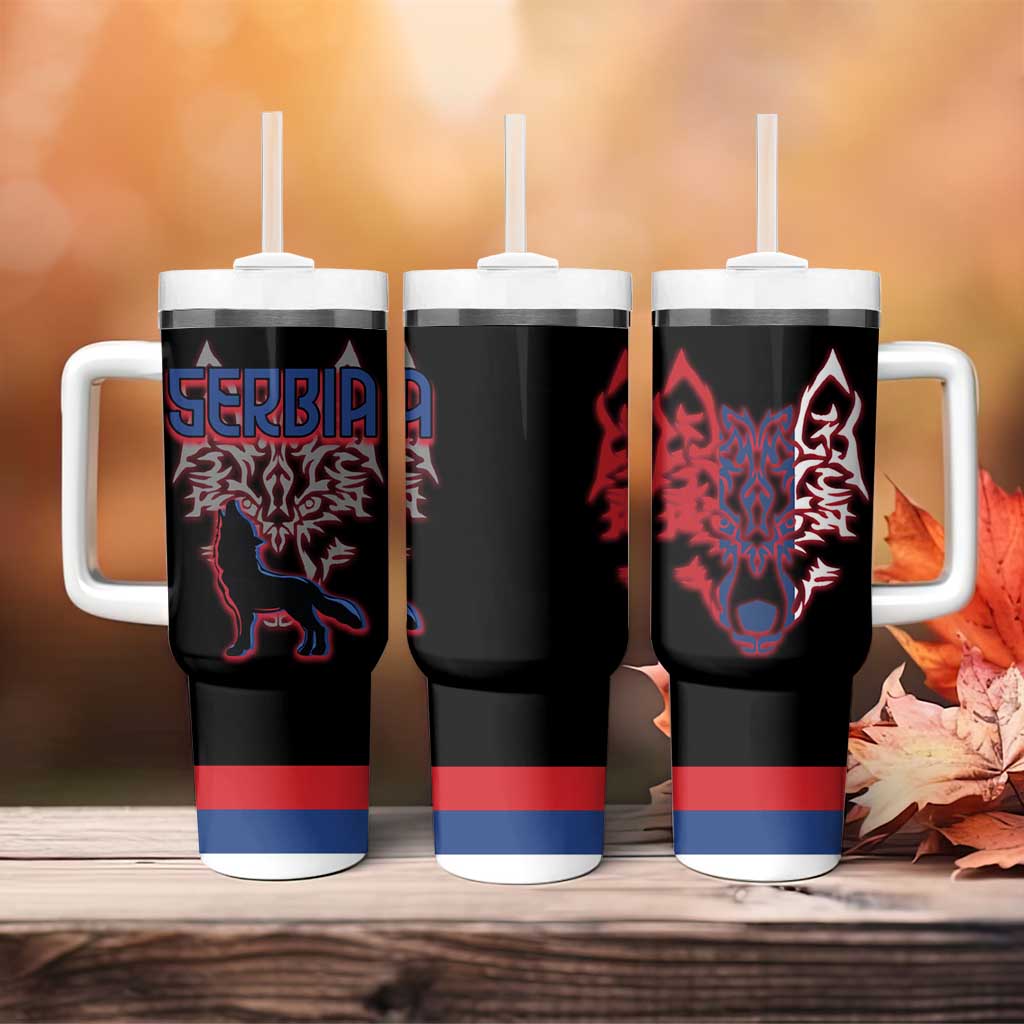 Serbia Tumbler With Handle with Wolf Head Graphic, Howling Wolf, and National Flag Stripes