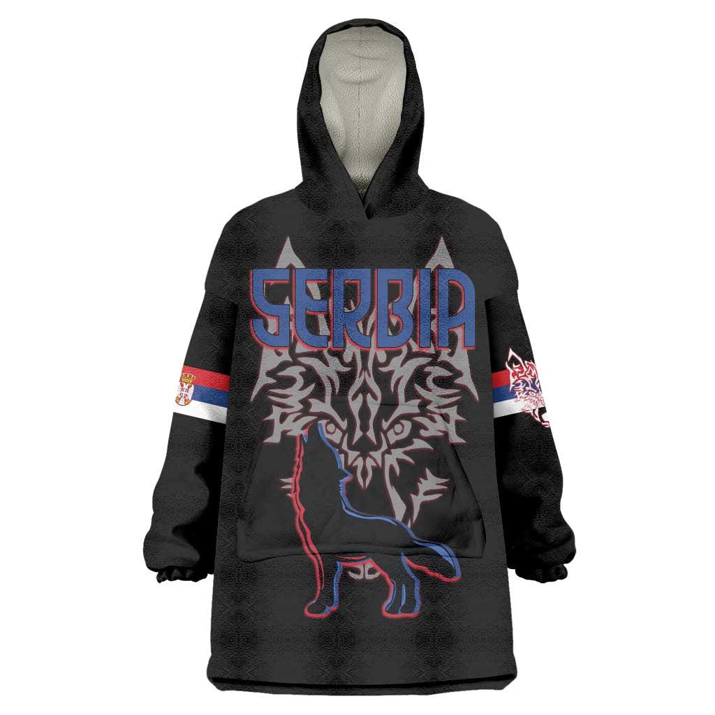 Serbia Wearable Blanket Hoodie with Wolf Head Graphic, Howling Wolf, and National Flag Stripes