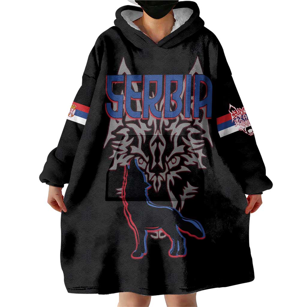 Serbia Wearable Blanket Hoodie with Wolf Head Graphic, Howling Wolf, and National Flag Stripes