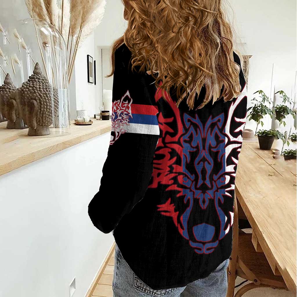 Serbia Women Casual Shirt with Wolf Head Graphic, Howling Wolf, and National Flag Stripes