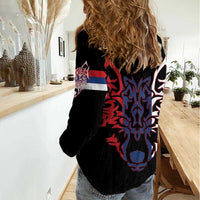 Serbia Women Casual Shirt with Wolf Head Graphic, Howling Wolf, and National Flag Stripes