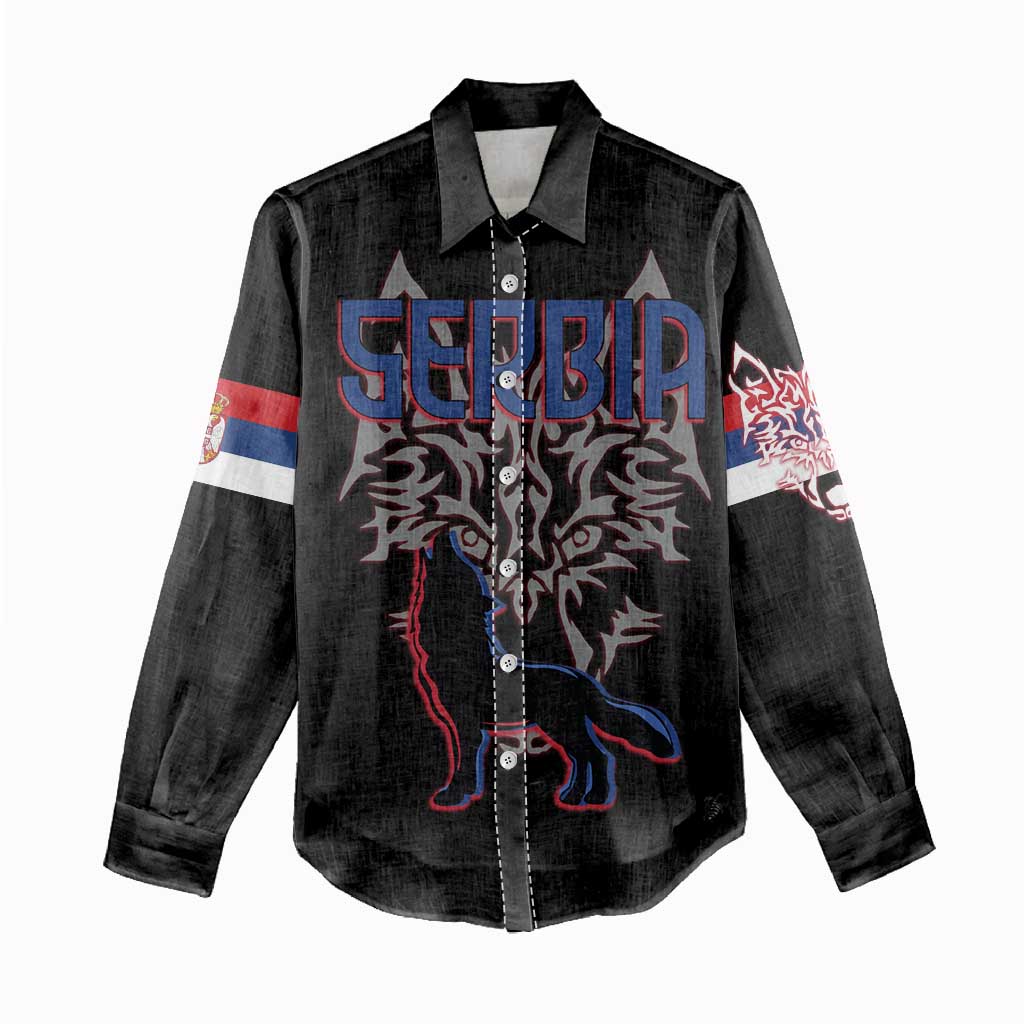 Serbia Women Casual Shirt with Wolf Head Graphic, Howling Wolf, and National Flag Stripes