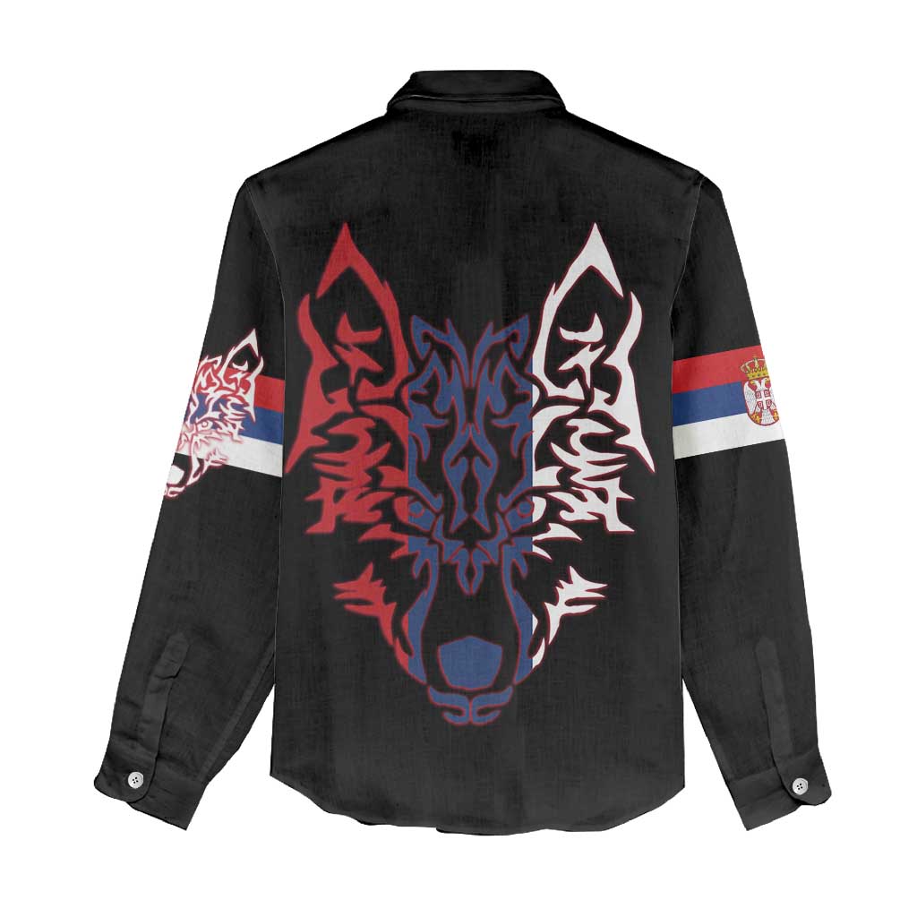 Serbia Women Casual Shirt with Wolf Head Graphic, Howling Wolf, and National Flag Stripes