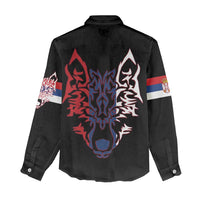 Serbia Women Casual Shirt with Wolf Head Graphic, Howling Wolf, and National Flag Stripes