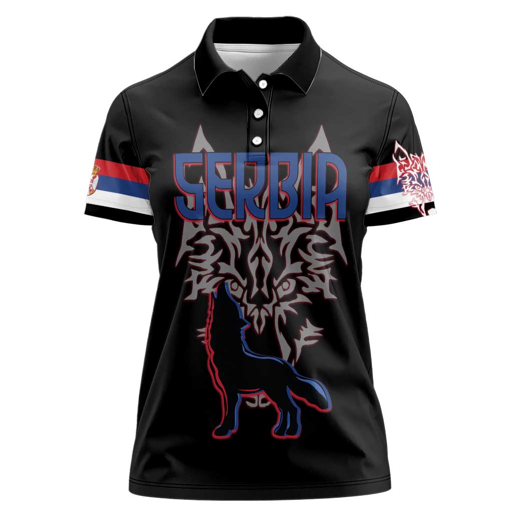 Serbia Women Polo Shirt with Wolf Head Graphic, Howling Wolf, and National Flag Stripes