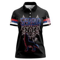 Serbia Women Polo Shirt with Wolf Head Graphic, Howling Wolf, and National Flag Stripes