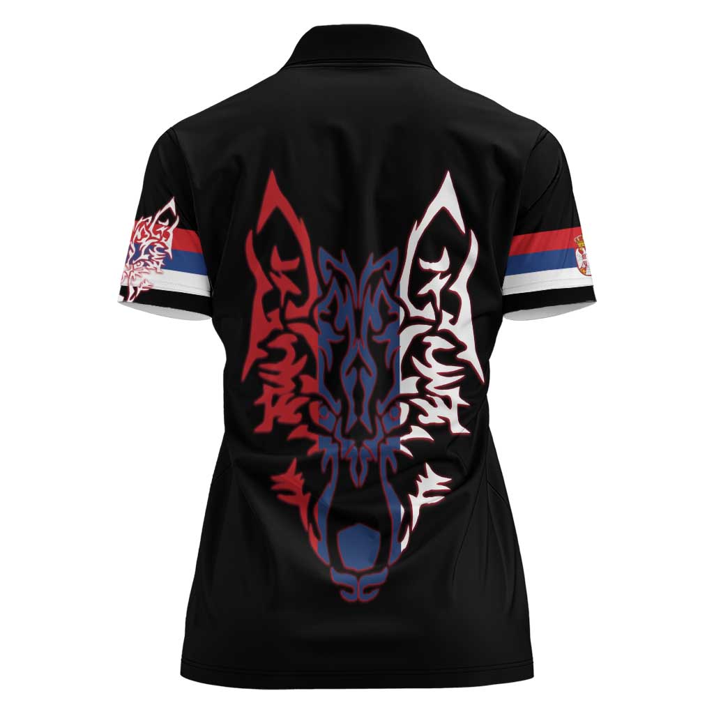 Serbia Women Polo Shirt with Wolf Head Graphic, Howling Wolf, and National Flag Stripes