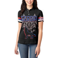 Serbia Women Polo Shirt with Wolf Head Graphic, Howling Wolf, and National Flag Stripes
