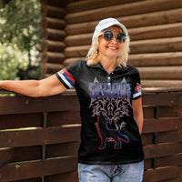 Serbia Women Polo Shirt with Wolf Head Graphic, Howling Wolf, and National Flag Stripes