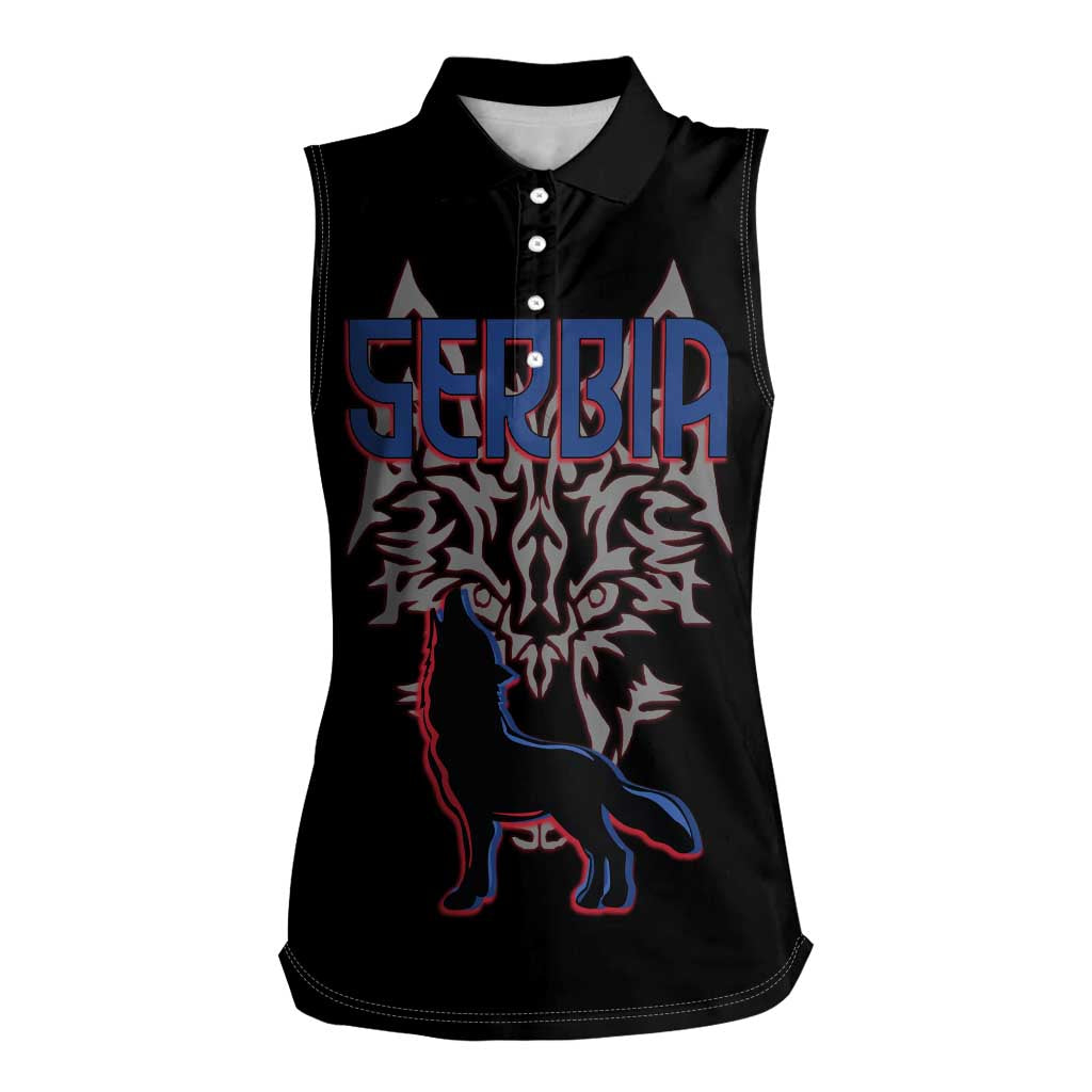 Serbia Women Sleeveless Polo Shirt with Wolf Head Graphic, Howling Wolf, and National Flag Stripes