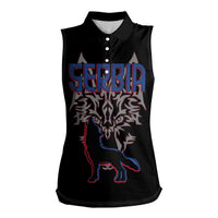 Serbia Women Sleeveless Polo Shirt with Wolf Head Graphic, Howling Wolf, and National Flag Stripes
