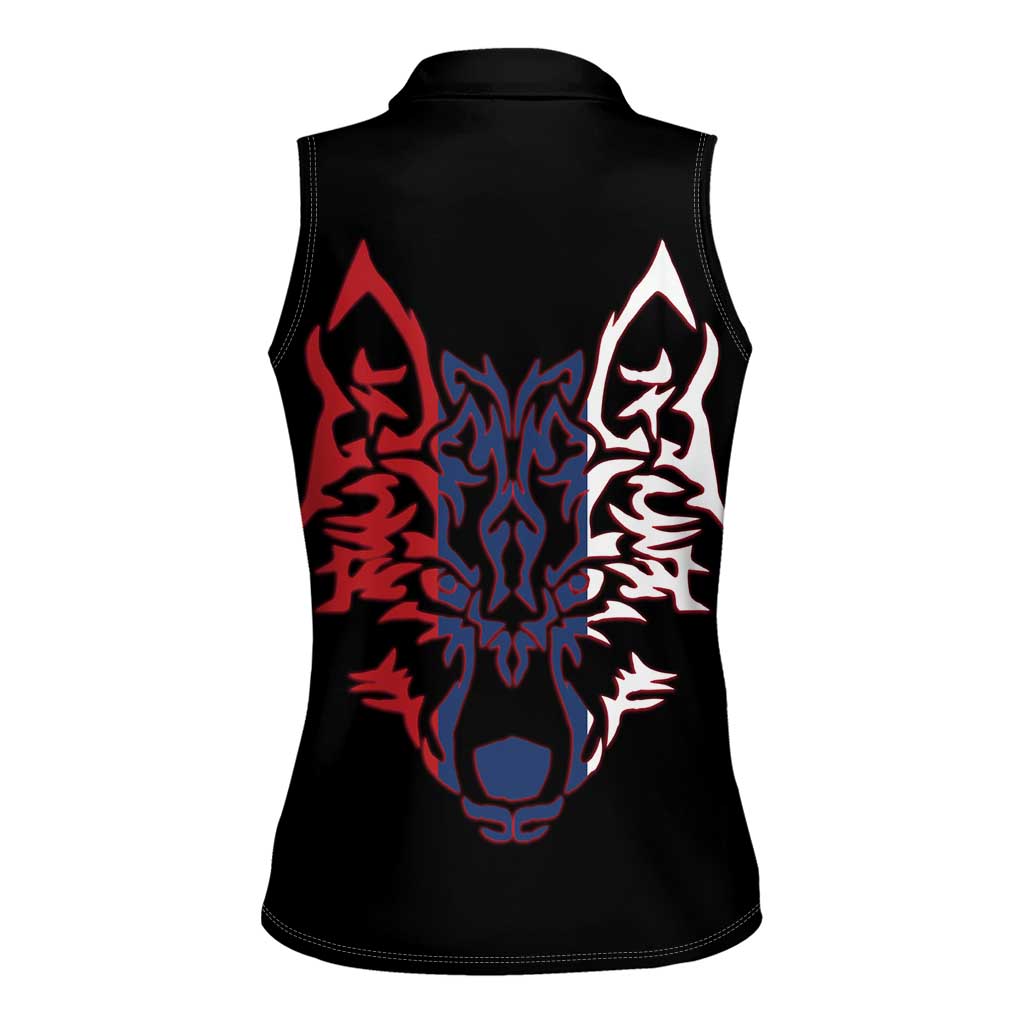Serbia Women Sleeveless Polo Shirt with Wolf Head Graphic, Howling Wolf, and National Flag Stripes