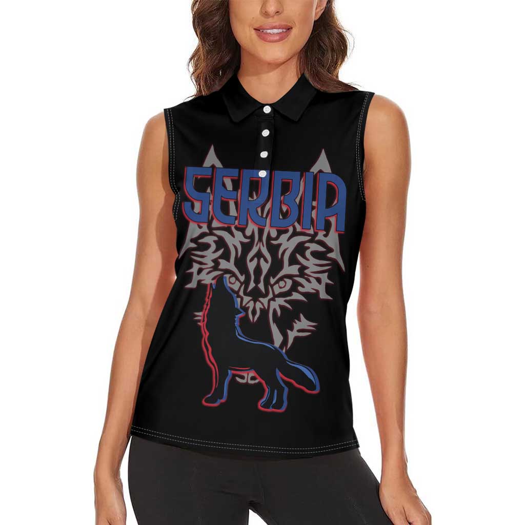 Serbia Women Sleeveless Polo Shirt with Wolf Head Graphic, Howling Wolf, and National Flag Stripes