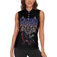 Serbia Women Sleeveless Polo Shirt with Wolf Head Graphic, Howling Wolf, and National Flag Stripes
