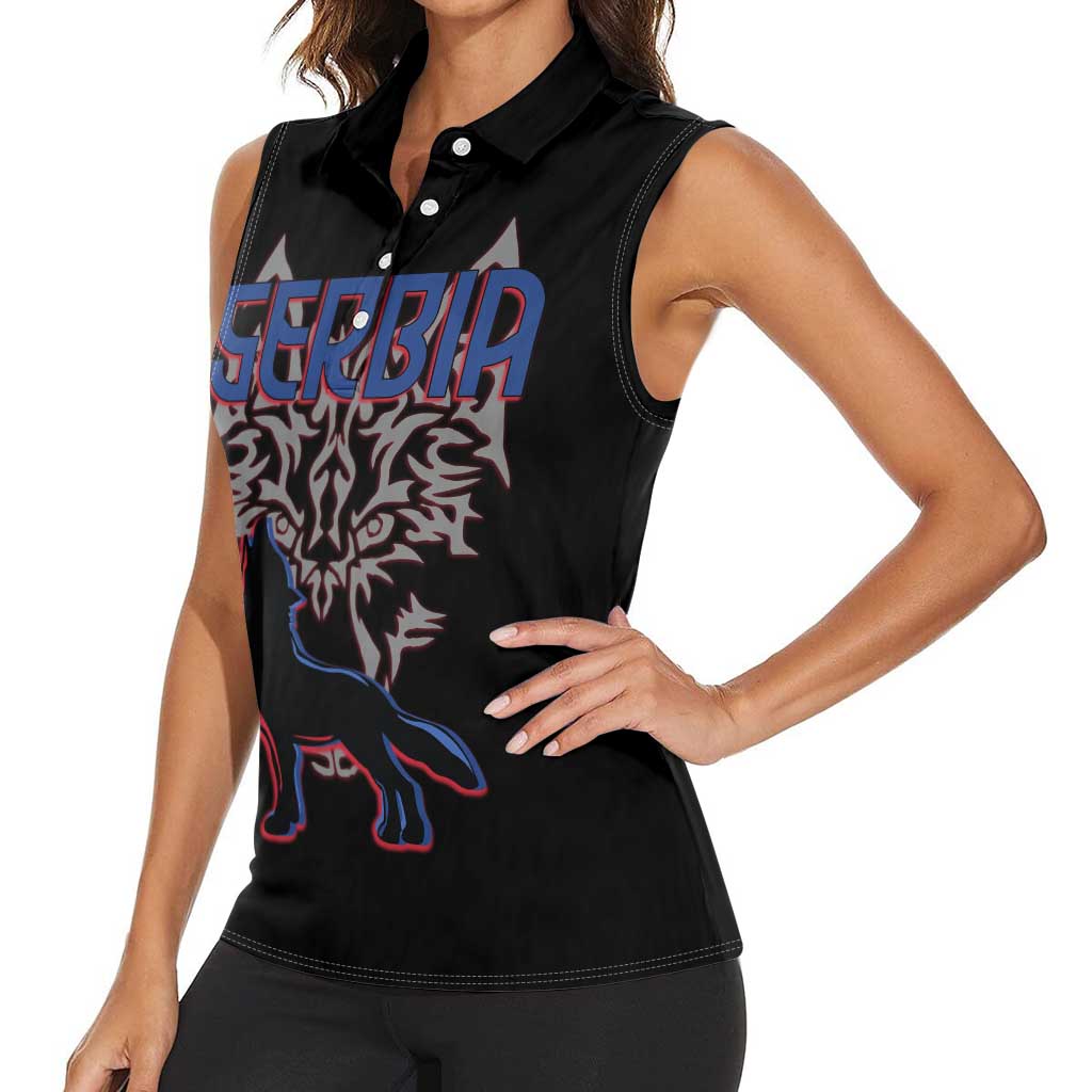 Serbia Women Sleeveless Polo Shirt with Wolf Head Graphic, Howling Wolf, and National Flag Stripes