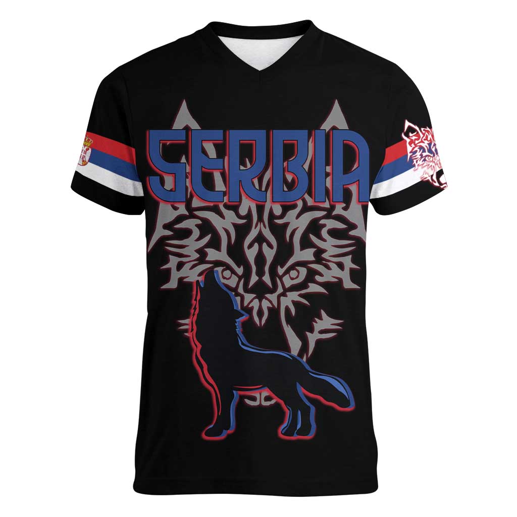 Serbia Women V-Neck T-Shirt with Wolf Head Graphic, Howling Wolf, and National Flag Stripes