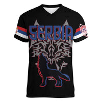 Serbia Women V-Neck T-Shirt with Wolf Head Graphic, Howling Wolf, and National Flag Stripes