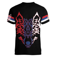 Serbia Women V-Neck T-Shirt with Wolf Head Graphic, Howling Wolf, and National Flag Stripes