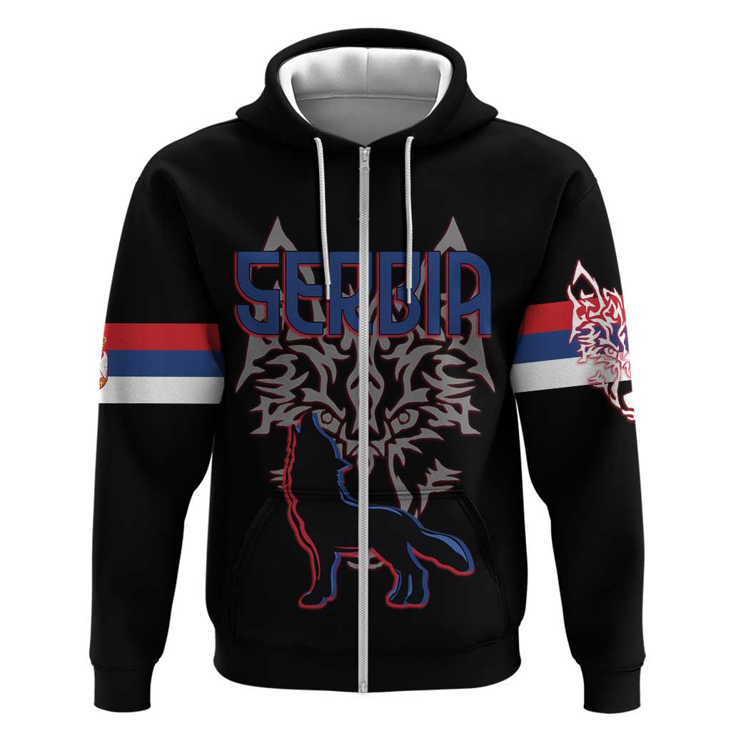 Serbia Zip Hoodie with Wolf Head Graphic, Howling Wolf, and National Flag Stripes