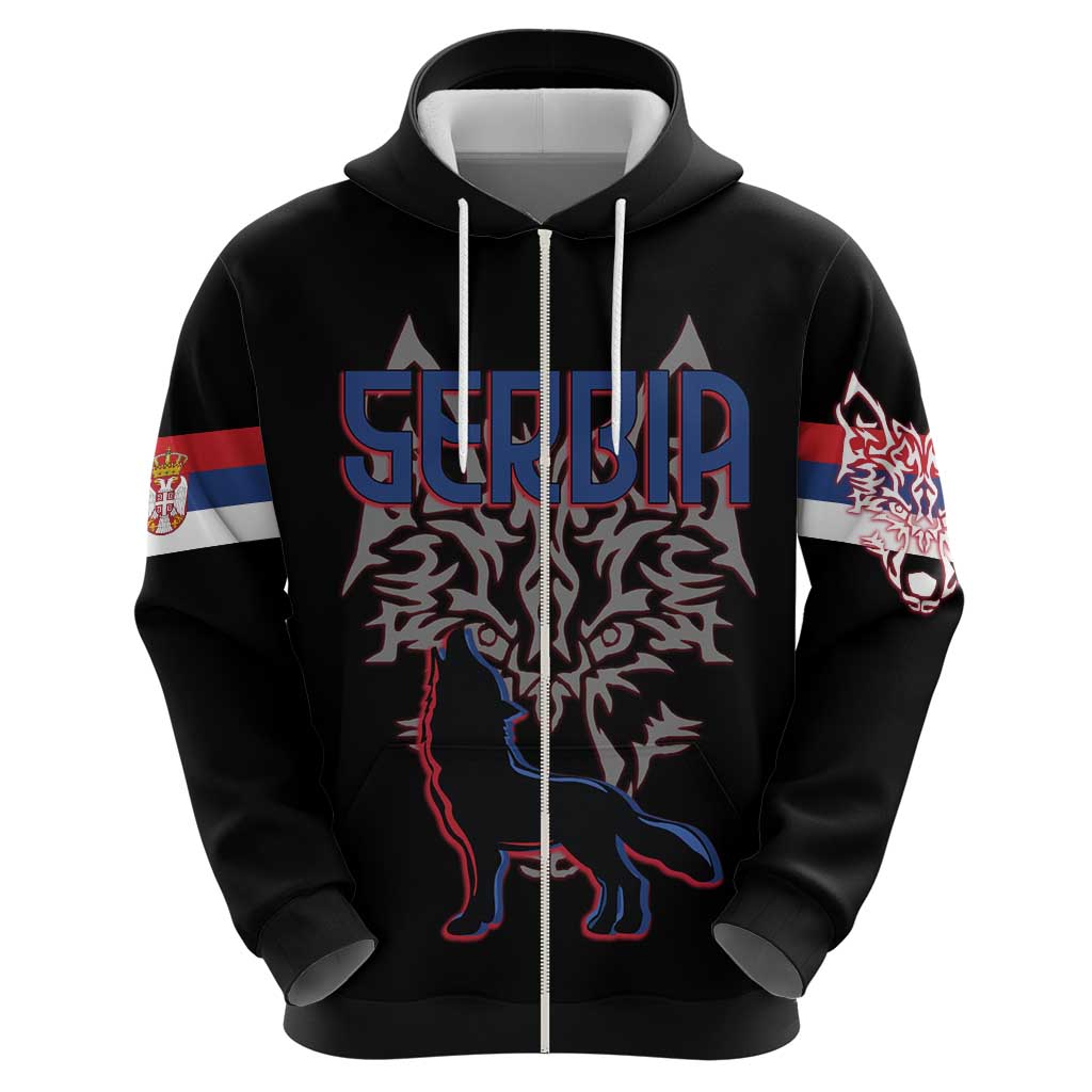 Serbia Zip Hoodie with Wolf Head Graphic, Howling Wolf, and National Flag Stripes
