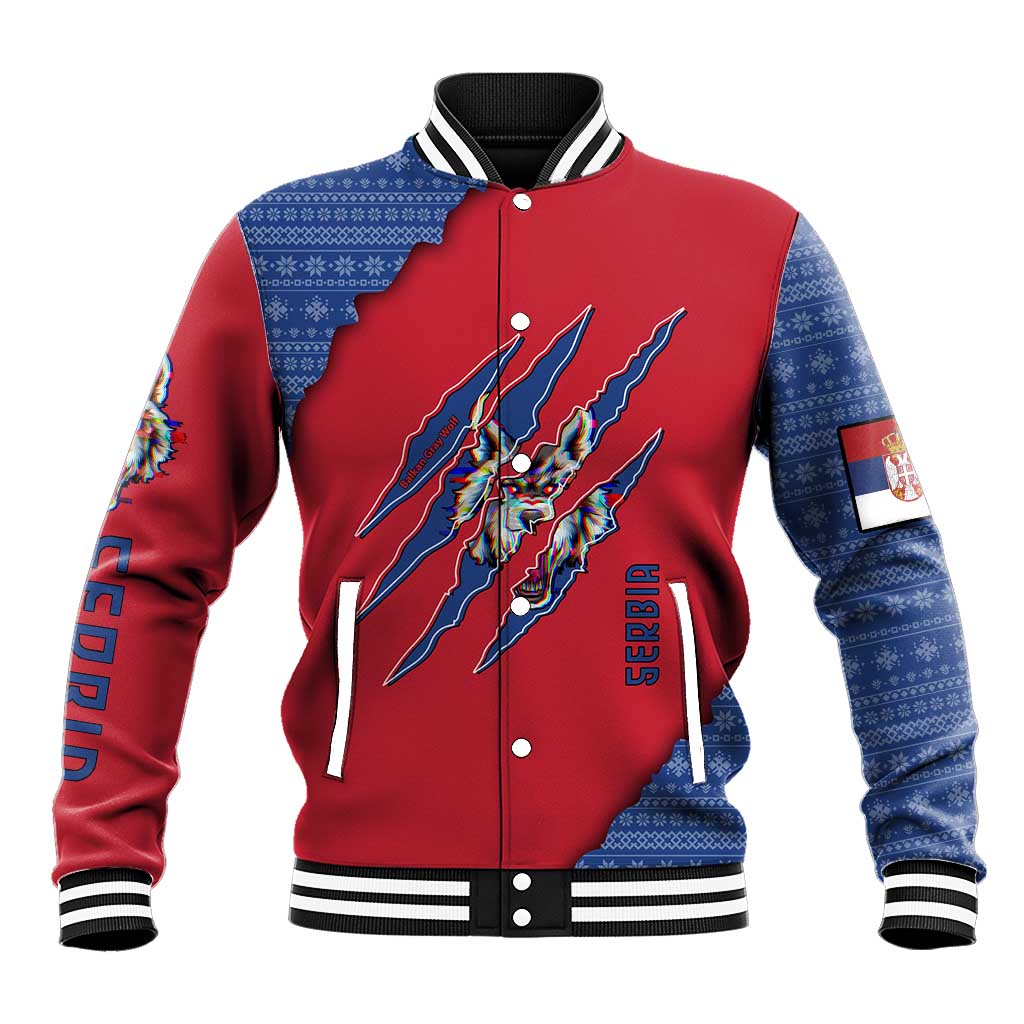 Serbia Baseball Jacket with Balkan Gray Wolf, Claw Marks, and Flag Sleeve Design