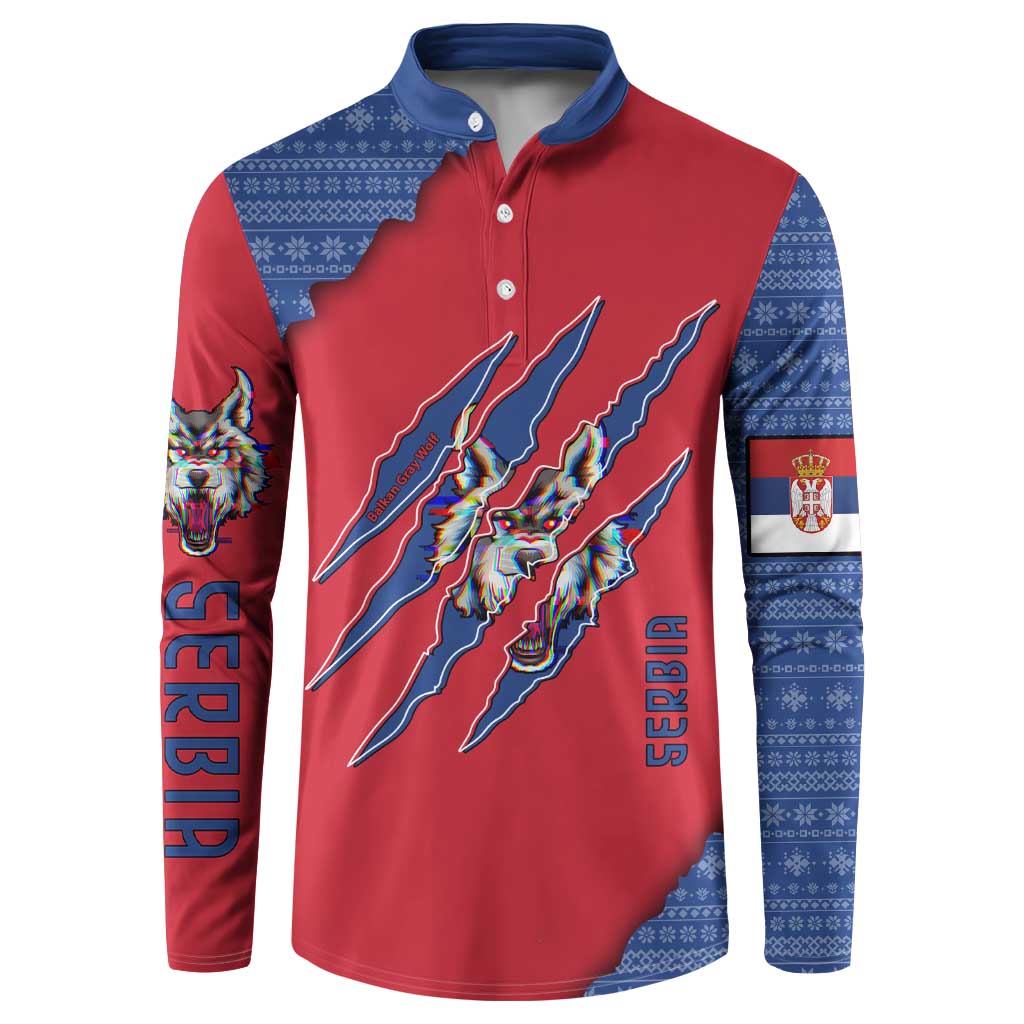 Serbia Button Sweatshirt with Balkan Gray Wolf, Claw Marks, and Flag Sleeve Design