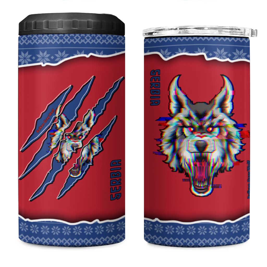 Serbia 4 in 1 Can Cooler Tumbler with Balkan Gray Wolf, Claw Marks, and Flag Sleeve Design