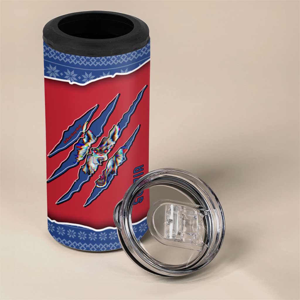 Serbia 4 in 1 Can Cooler Tumbler with Balkan Gray Wolf, Claw Marks, and Flag Sleeve Design
