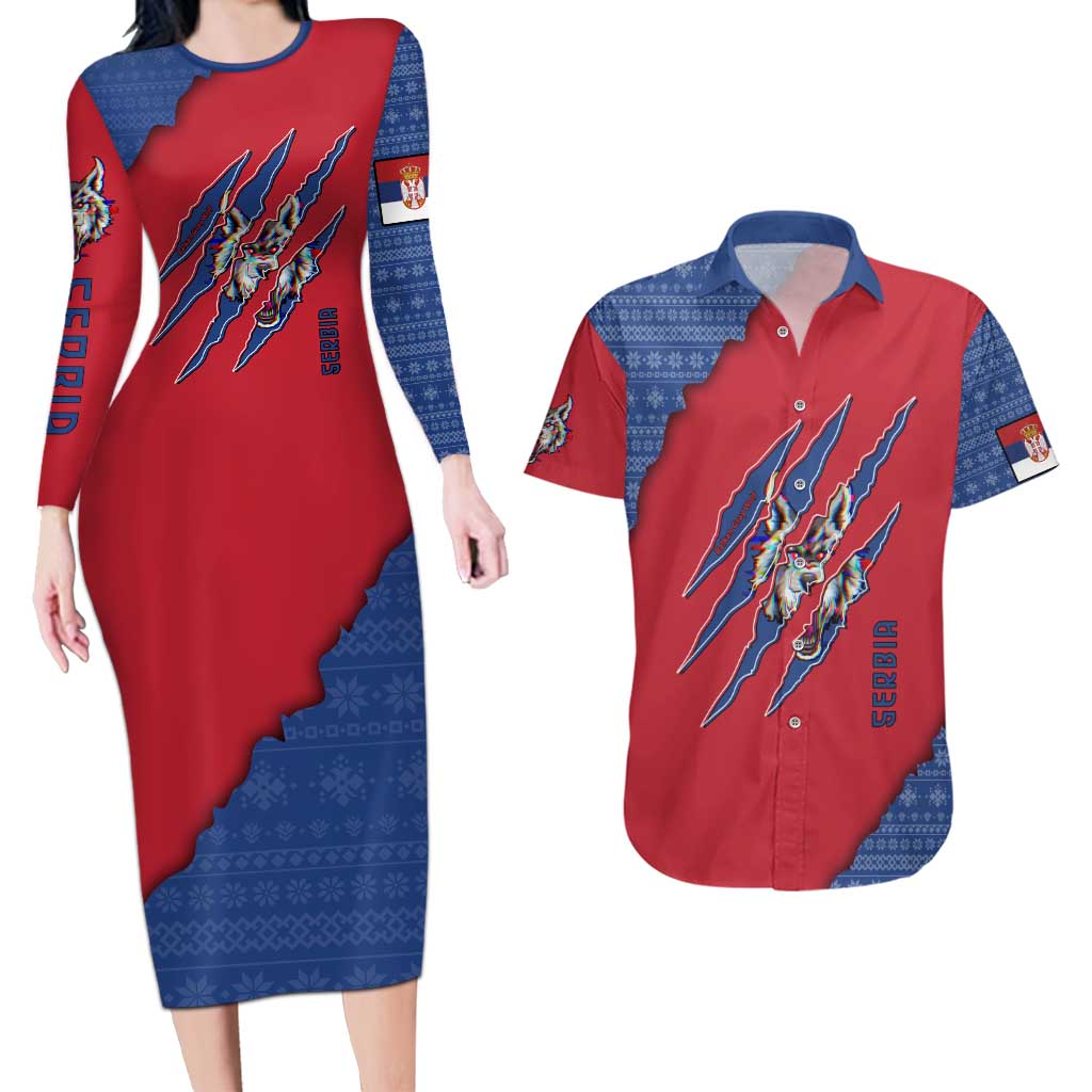 Serbia Couples Matching Long Sleeve Bodycon Dress and Hawaiian Shirt with Balkan Gray Wolf, Claw Marks, and Flag Sleeve Design