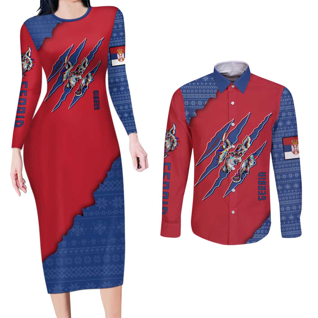 Serbia Couples Matching Long Sleeve Bodycon Dress and Long Sleeve Button Shirt with Balkan Gray Wolf, Claw Marks, and Flag Sleeve Design