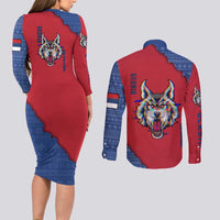 Serbia Couples Matching Long Sleeve Bodycon Dress and Long Sleeve Button Shirt with Balkan Gray Wolf, Claw Marks, and Flag Sleeve Design