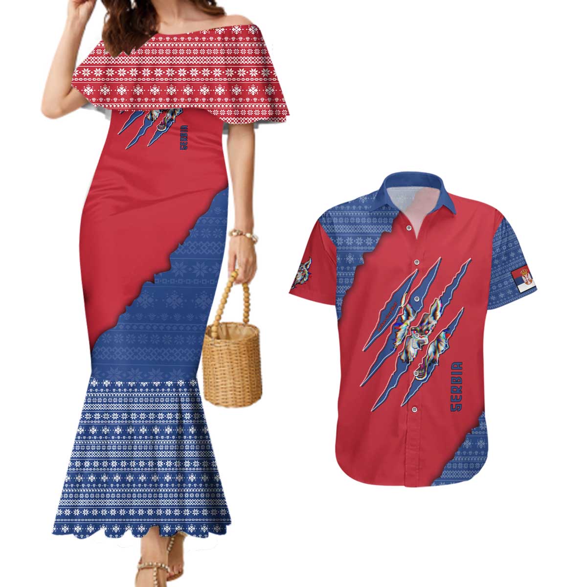 Serbia Couples Matching Mermaid Dress and Hawaiian Shirt with Balkan Gray Wolf, Claw Marks, and Flag Sleeve Design