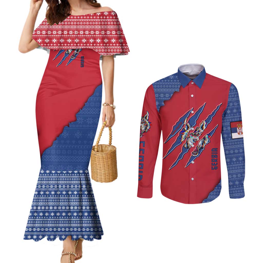 Serbia Couples Matching Mermaid Dress and Long Sleeve Button Shirt with Balkan Gray Wolf, Claw Marks, and Flag Sleeve Design