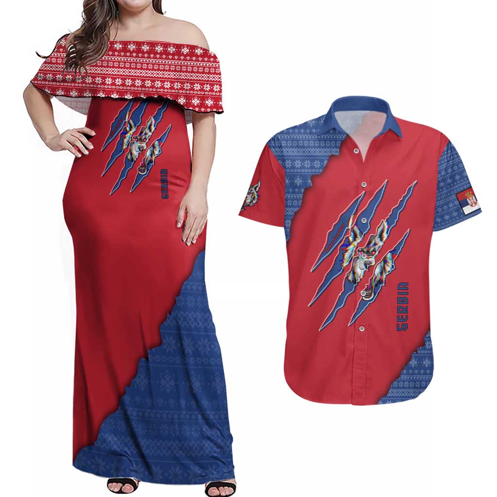 Serbia Couples Matching Off Shoulder Maxi Dress and Hawaiian Shirt with Balkan Gray Wolf, Claw Marks, and Flag Sleeve Design