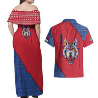 Serbia Couples Matching Off Shoulder Maxi Dress and Hawaiian Shirt with Balkan Gray Wolf, Claw Marks, and Flag Sleeve Design